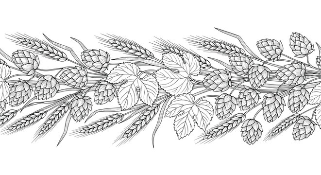 Intricate seamless horizontal border featuring detailed hops cones and golden wheat ears in a black and white line art style for brewing.
