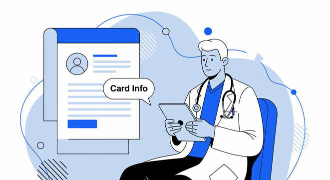 Medical, healthcare, doctor, payment, information, vector illustration, blue, white, Card Info, stethoscope, tablet, online, security, medicine, doctor patient, digital, payment card