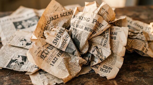 Crumpled newspaper pile on rustic wooden table surface