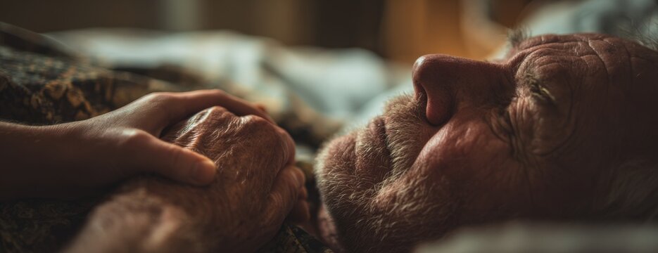 Elderly man resting in bed while holding hands with family member in a nursing home 