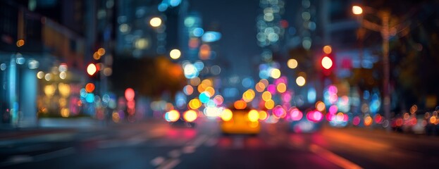 Obraz premium Blurred traffic lights and city streets at night with colorful bokeh 