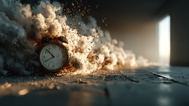 Exploding alarm clock symbolizes extreme stress, burnout, anxiety, mental health crisis, emotional overload, time pressure, panic, sleep disorder, and the destructive impact of psychological strain