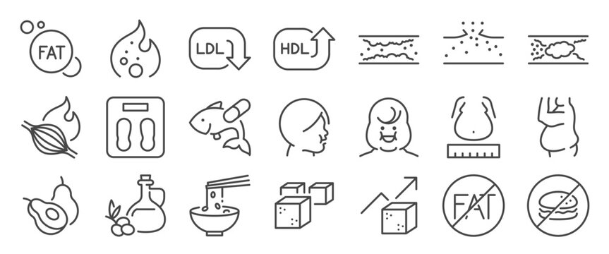 Cholesterol and fat icon set. It includes triglyceride, metabolism, medical, Ischemic stroke, and more icons. Editable Vector Stroke.