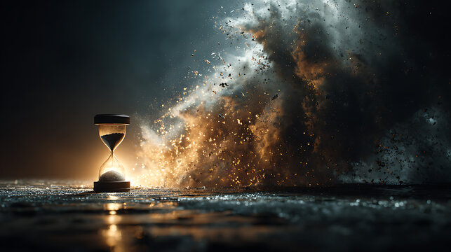 Dramatic image of hourglass with explosive particles, symbolizing time running out, urgency, pressure, deadlines, stress, and the destructive power of lost moments and inaction