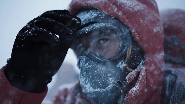 Close-up Portrait of a Man in Winter with Snow Falling on His Face
