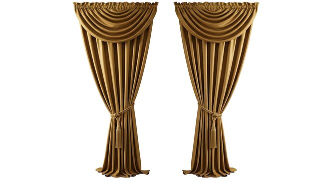 Two luxurious golden drapes with scalloped valances, tied with tassels, on a white background