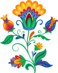 Naklejka premium Mexican national print colorful flower element with leaves and colorful buds. Mexican culture colorful flower decor, Mexico ethnic plant vector object. Hispanic nature decoration or element