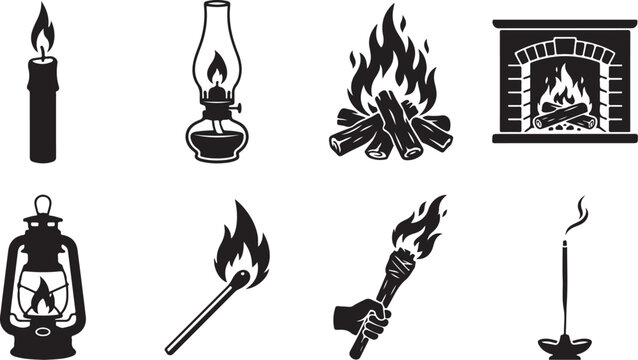 Fire icons, flame symbols, burning elements, candle and lantern graphics