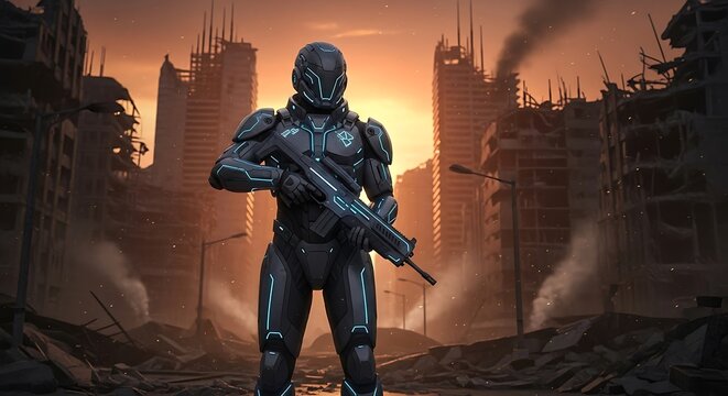 Futuristic soldier in advanced armor stands in a ruined city at sunset.