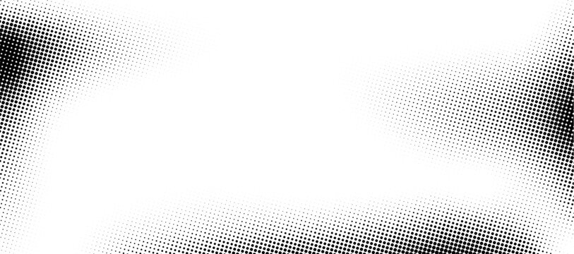 Monochrome abstract grunge gradient with halftone dots pattern, vector background. Abstract pattern of dots halftone gradient with grunge texture of black and white monochrome color fade background