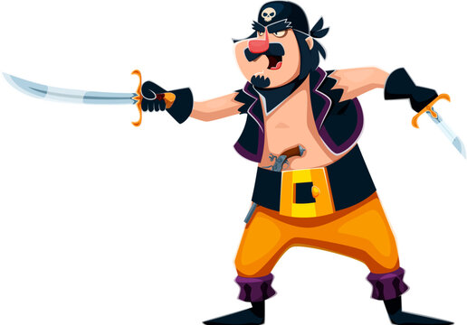 Cartoon pirate and corsair fighter character in dynamic fighting pose, wielding a curved steel sword and dagger. Vector medieval swordsman warrior, sailor swashbuckler personage in filibuster clothes