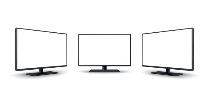 Vector 3d Computer Monitor Set with Front and Perspective Views. Blank Screen Display Mockups. Realistic Desktop LCD Monitor Illustration