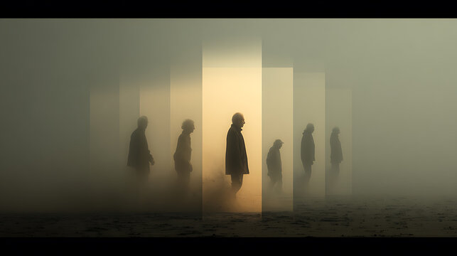 Surreal conceptual scene of an individual walking ahead of fading generational silhouettes, symbolizing personal evolution, breaking cycles, identity, independence, legacy, transformation, and forging