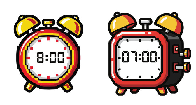 Red pixel art digital alarm clock showing seven o'clock morning time with bells isolated on white background