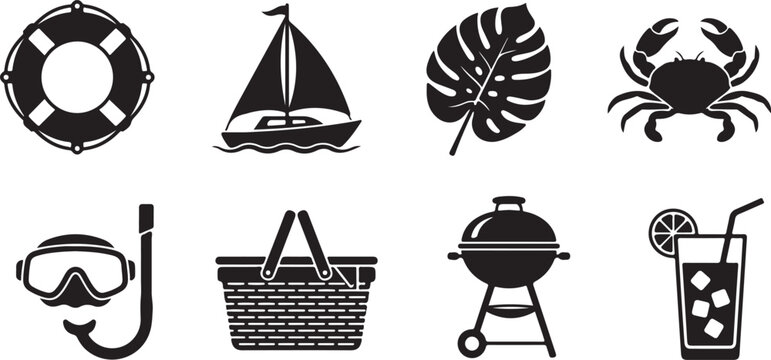Summer vacation icons, beach symbols, tropical travel set, 8 black vector graphics