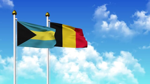 Waving flags of BAHAMAS and Chad on pole included with alpha