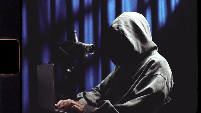 Anonymous hooded hacker typing on a laptop in the dark
