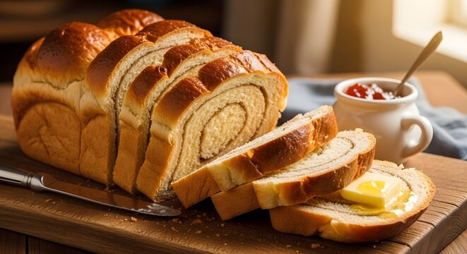 Freshly sliced homemade bread loaf with butter and jam on wooden cutting board.