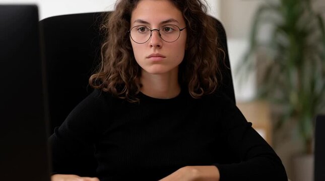 Curly project manager in glasses is thoughtfully reading terms of a new contract. Mindful and attentive to details CEO is thoroughly examining scope of works for a new project