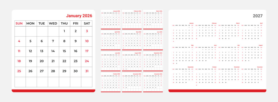 Calendar pages for 2026 and 2027 year view desk planner layout with red accents on white background