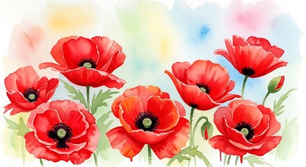 Fototapeta premium Watercolor painting of vibrant red poppies against a soft, colorful, blurred background