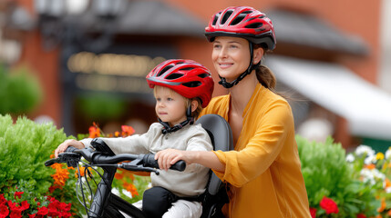 Naklejka premium Mother and child riding bike with helmets on park path for family outdoor activity and summer leisure banner
