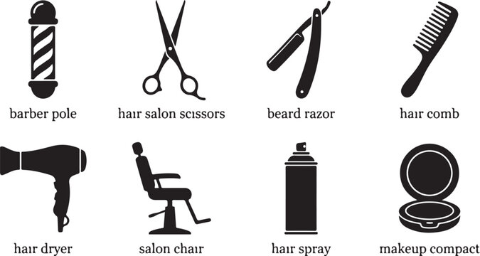 Barber shop icons, hair salon tools, grooming equipment, beauty supplies