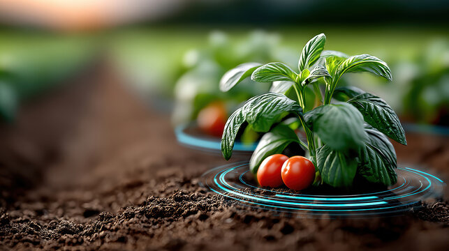 Precision agriculture crop monitoring background with tomato seedlings and sensor rings for data analytics banner and farm management design