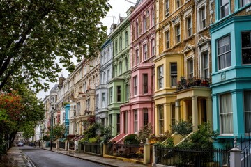 Fototapeta premium Colorful row houses with bay windows line a quiet street, tree in foreground, overcast sky