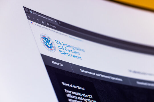 Balykchy, Kyrgyzstan - February 13, 2026 curved PC screen with official United States Immigration and Customs Enforcement website closeup view