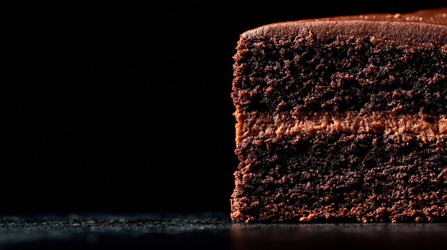 黒背景に浮かぶ濃厚なチョコレートケーキの層が美しい断面の接写
