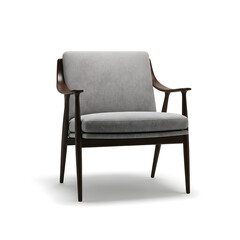 Fototapeta premium A modern armchair with a gray tweed fabric and dark wooden frame