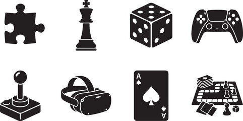 Gaming icons, game symbols, puzzle, card, controller, 8 icons set, vector graphics © 2025