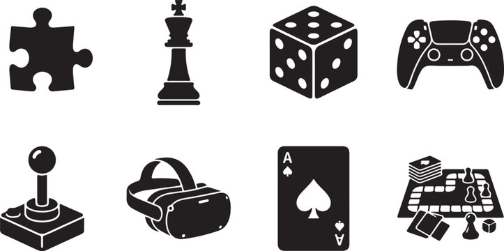 Gaming icons, game symbols, puzzle, card, controller, 8 icons set, vector graphics