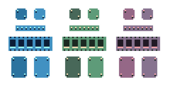 Game asset pixel art steel concrete seamless with blue, green and purple background. 2D Steel Wall Texture - Assets for Game - Pixel art Tileset. Assets for game, background, wallpaper.