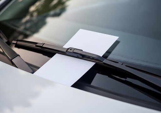 Close up view of a blank white rectangular paper tucked under a black windshield wiper of a white car, representing a parking fine, traffic citation, or promotional flyer.