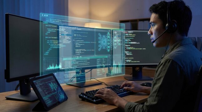 Software Developer Working With Multiple Monitors.