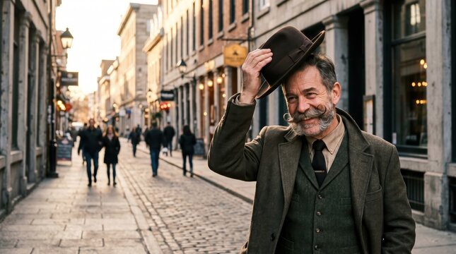 Older man tipping hat while smiling on cobblestone street