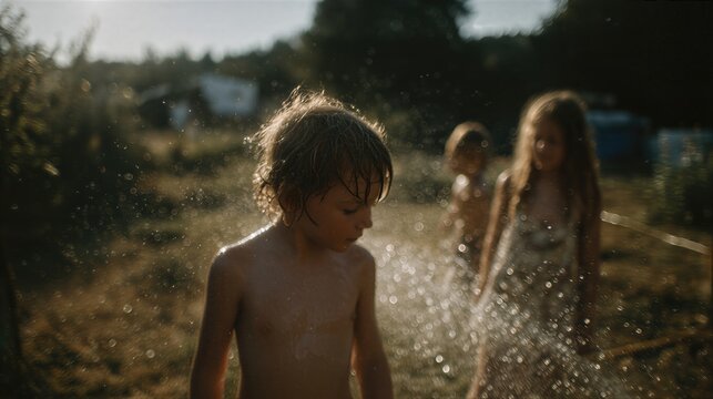 Boy splashing in water spray with siblings outdoors. Children playing near garden and campsite. Summer fun and joyful family moments in nature.