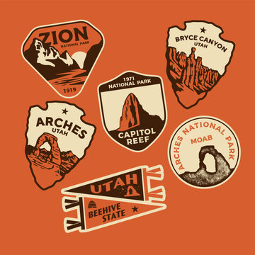 Sticker Pack. Collection of trendy pins. Set of cool patches vector design. Utah retro badges.