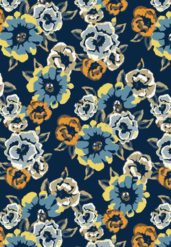 abstract solid modern textile vector design, arrangement with a big aster flower, all-over seamless  pattern with blue, orange, and yellow tone color illustration, digital image printing factory