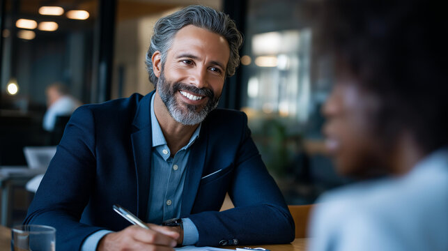 Consultant interviewing corporate client in an office meeting to discover workflow inefficiencies and pain points during a focused business discovery session