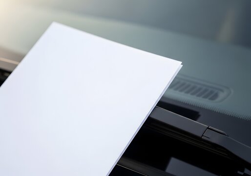 Close-up of a blank white paper notice tucked under a black car windshield wiper blade on the front glass, representing a parking ticket, traffic fine, citation, or advertisement.