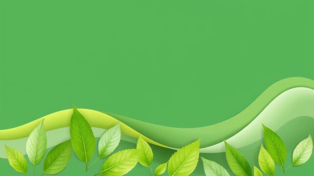 Abstract Green Background with Flowing Waves and Fresh Leaves.