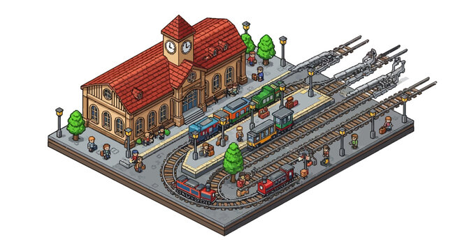 Isometric Train Station Building with Trains and Tracks.
