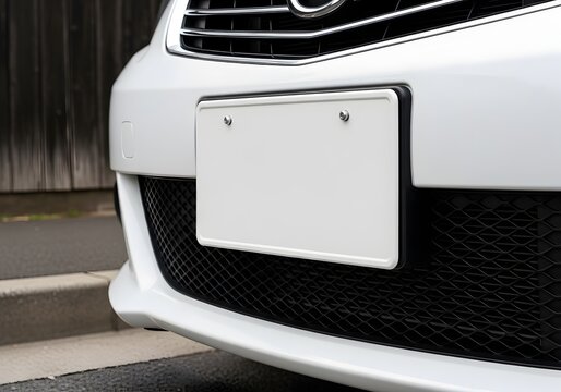 Close-up of a modern white car front bumper featuring a blank white license plate for mockup, chrome grille details, and black honeycomb mesh air intake parked on a city street.