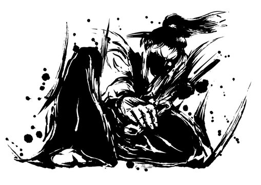 Samurai Iaido Scene &ndash; Japanese Sumi-e Ink Illustration