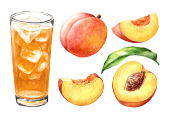 Glass of ice tea and ripe fresh peache set. Hand drawn watercolor illustration isolated on white background © dariaustiugova