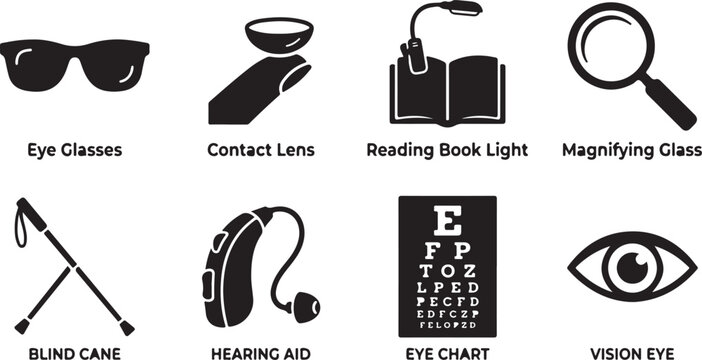 Vision aids, eye care icons, accessibility symbols, assistive technology graphics, black and white illustrations
