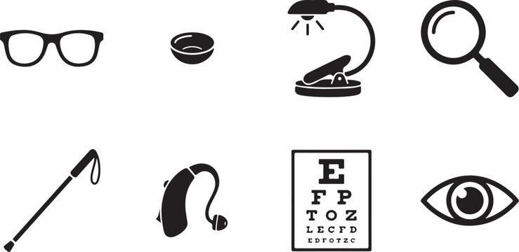 eye care, optometry icons, vision test, ophthalmology symbols, medical signs